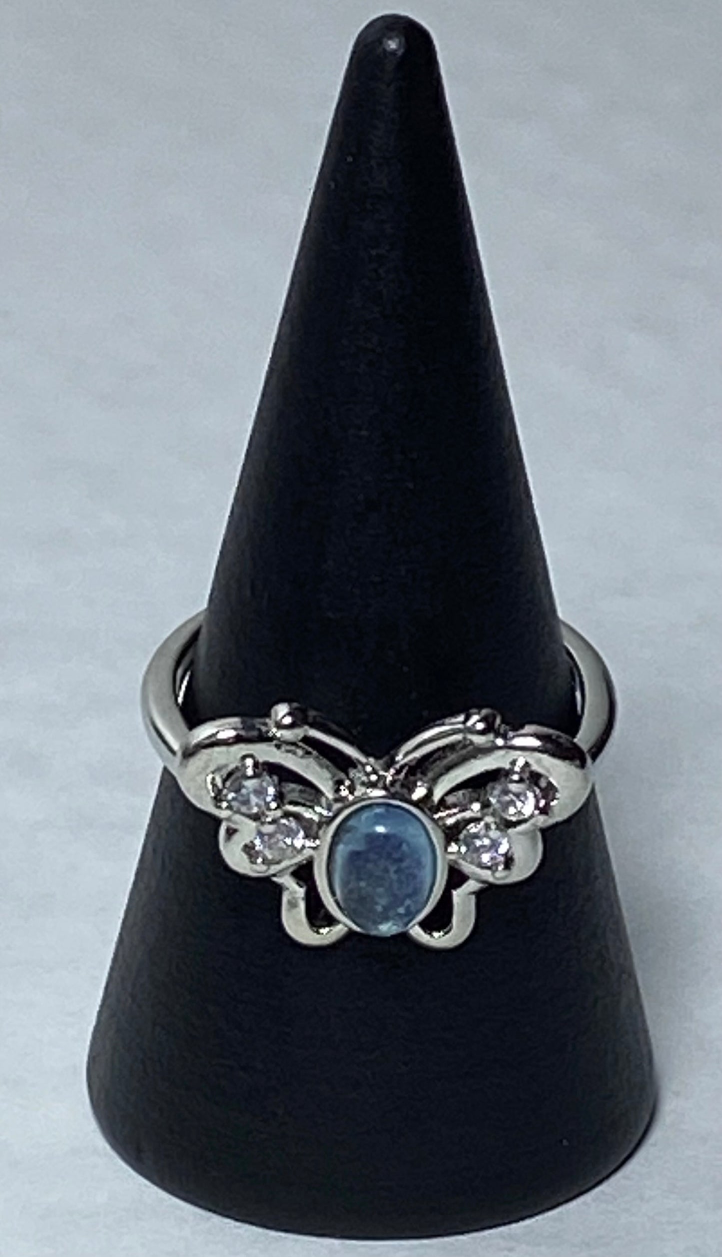 Aquamarine Butterfly adjustable ring, stainless steel