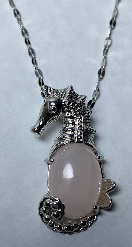 Rose Quartz Seahorse pendant Stainless Steel