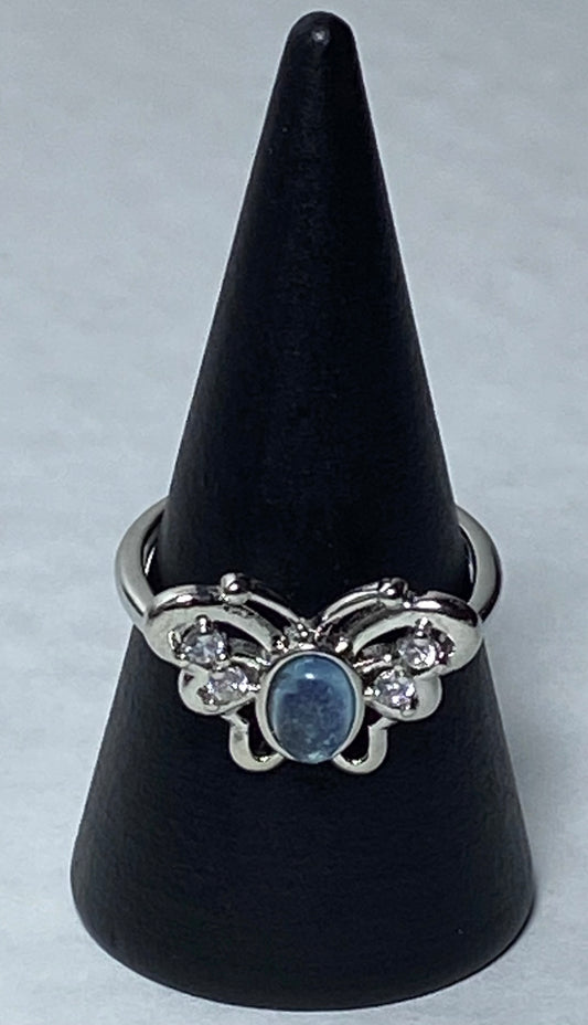 Aquamarine Butterfly adjustable ring, stainless steel